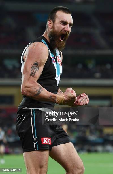 Charlie Dixon of Port Adelaide celebrates a goal during the round 17 AFL match between the Port Adelaide Power and the Greater Western Sydney Giants...