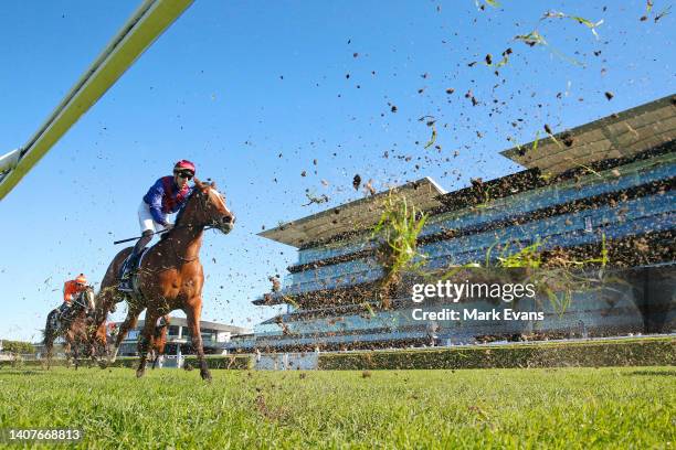Ashley Morgan on Luna Volanti finishes unplaced in race 1 during Sydney Racing at Royal Randwick Racecourse on July 09, 2022 in Sydney, Australia.
