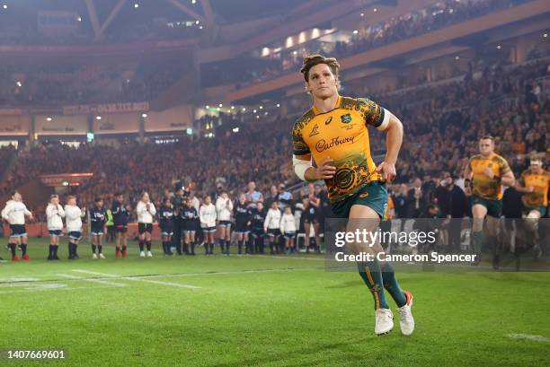 Michael Hooper of Australia takes to the field during game two of the International Test Match series between the Australia Wallabies and England at...