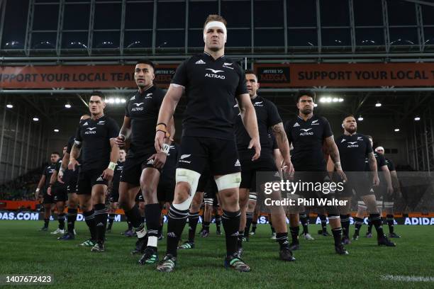 Sam Cane of the All Blacks leads the haka during the International Test match between the New Zealand All Blacks and Ireland at Forsyth Barr Stadium...