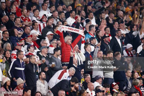 Fans cheer during game two of the International Test Match series between the Australia Wallabies and England at Suncorp Stadium on July 09, 2022 in...