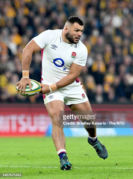 Ellis Genge of England passes the ball during game two of the International Test Match series between the Australia Wallabies and England at Suncorp...