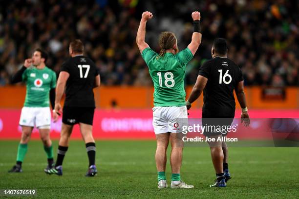 Finlay Bealham of Ireland celebrates during the International Test match between the New Zealand All Blacks and Ireland at Forsyth Barr Stadium on...