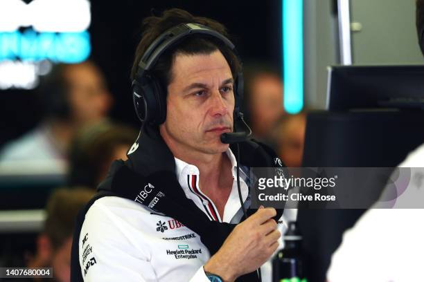 Mercedes GP Executive Director Toto Wolff looks on in the garage during practice ahead of the F1 Grand Prix of Austria at Red Bull Ring on July 09,...