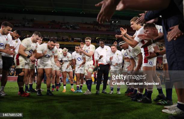 England huddle after game two of the International Test Match series between the Australia Wallabies and England at Suncorp Stadium on July 09, 2022...