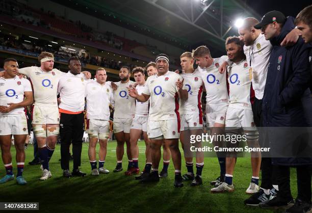 Mako Vunipola of England speaks to teammates after game two of the International Test Match series between the Australia Wallabies and England at...