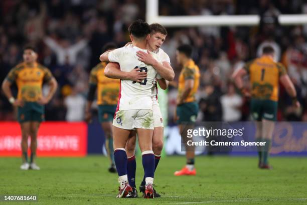 Owen Farrell and Marcus Smith of England celebrate after game two of the International Test Match series between the Australia Wallabies and England...
