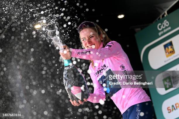 Annemiek Van Vleuten of Netherlands and Movistar Team - Pink Leader Jersey celebrates at podium during the 33rd Giro d'Italia Donne 2022 - Stage 9 a...