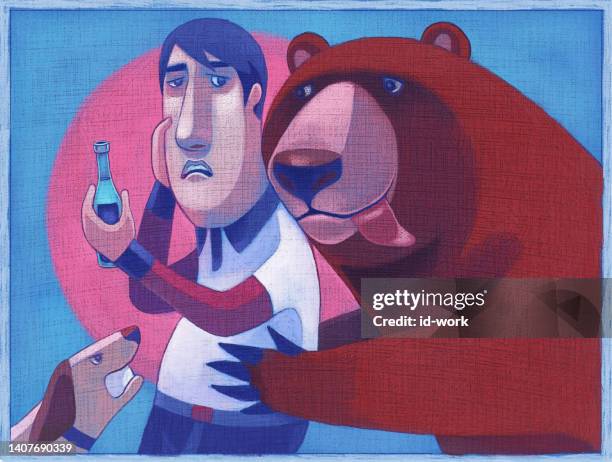 bear holding man beside angry dog - angry bear face stock illustrations