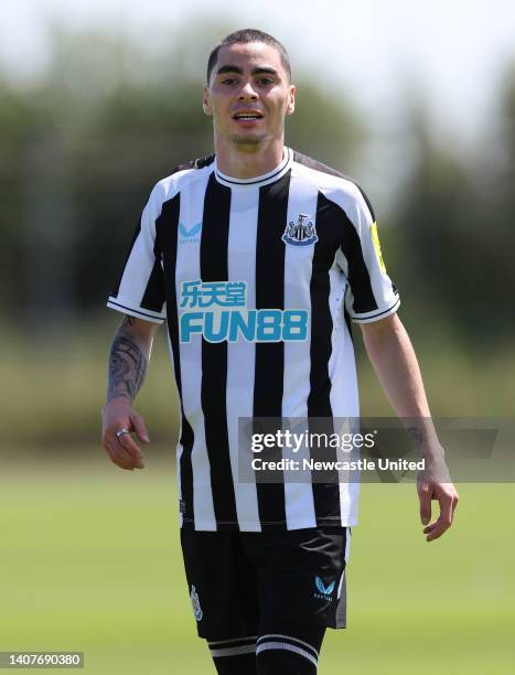 Miguel Almiron of Newcastle United is seen in action during the Pre-Season Friendly against Gateshead FC at Newcastle United Training Centre on July...