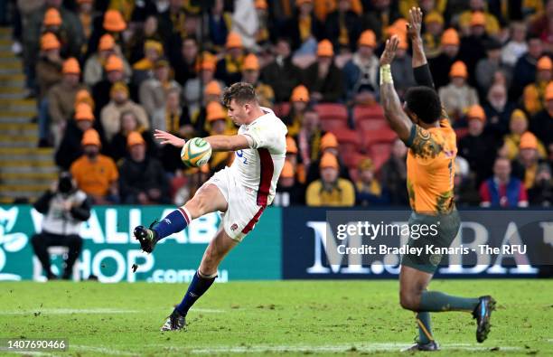 Freddie Steward of England kicks the ball during game two of the International Test Match series between the Australia Wallabies and England at...