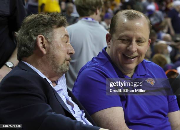 Owner James Dolan and head coach Tom Thibodeau of the New York Knicks attend the 2022 NBA Summer League at the Thomas & Mack Center on July 08, 2022...