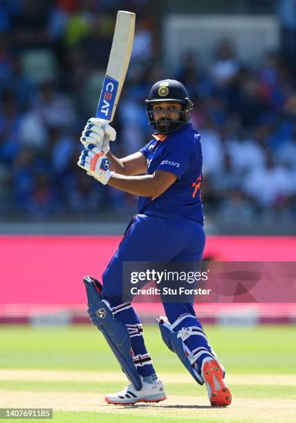 Rohit Sharma of India hits runs during the 2nd Vitality IT20 between England and India at Edgbaston on July 09, 2022 in Birmingham, England.