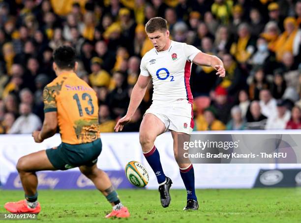 Owen Farrell of England kicks the ball during game two of the International Test Match series between the Australia Wallabies and England at Suncorp...