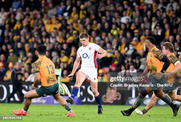 Owen Farrell of England kicks the ball during game two of the International Test Match series between the Australia Wallabies and England at Suncorp...