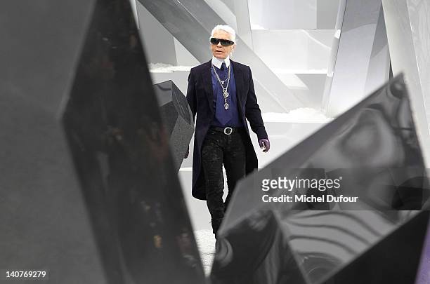 Karl Lagerfeld walks the runway during the Chanel Ready-To-Wear Fall/Winter 2012 show as part of Paris Fashion Week at Grand Palais on March 6, 2012...