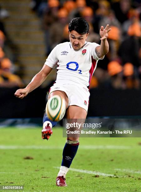 Marcus Smith of England kicks the ball during game two of the International Test Match series between the Australia Wallabies and England at Suncorp...