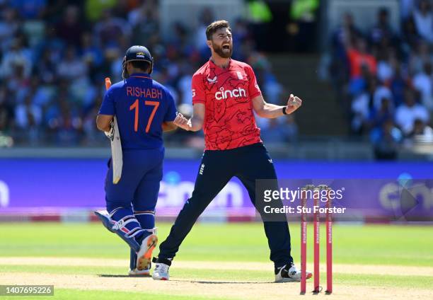 Richard Gleeson of England celebrates taking the wicket of Rishabh Pant of India during the 2nd Vitality IT20 between England and India at Edgbaston...