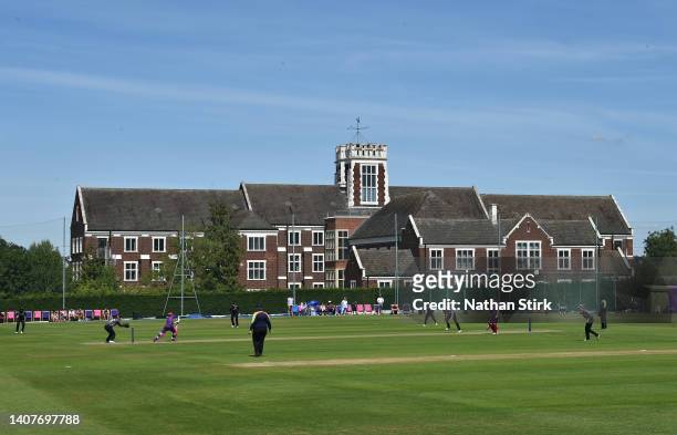 General view of plau during the Rachael Heyhoe Flint Trophy match between Lightning and Thunder at Haslegrave Ground on July 09, 2022 in...