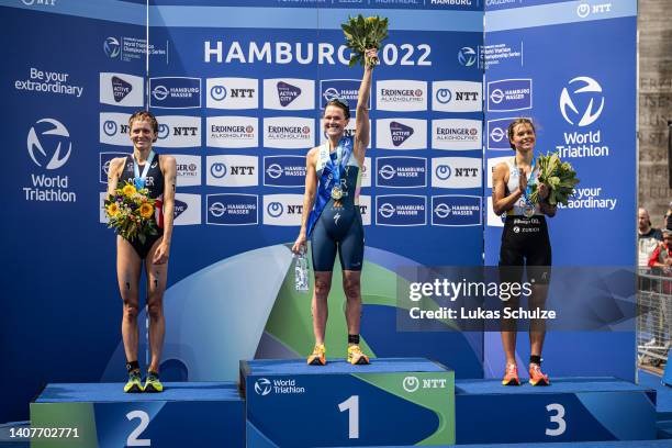Beth Potter of Great Britain, Flora Duffy of Bermuda and Lisa Tertsch of Germany celebrate their wins during the ceremony after the ITU World...