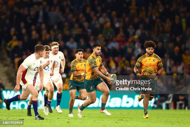 Tom Wright of the Wallabies kicks during game two of the International Test Match series between the Australia Wallabies and England at Suncorp...