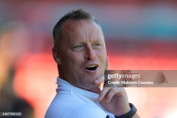 Walsall manager Michael Flynn looks on during the Pre-Season Friendly between Walsall and Aston Villa at Poundland Bescot Stadium on July 09, 2022 in...