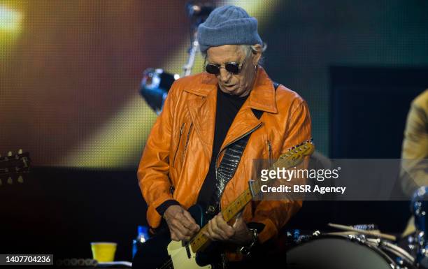 Keith Richards of the Rolling Stones performs live on stage during a concert of The Rolling Stones at the Johan Cruijff Arena on July 7, 2022 in...