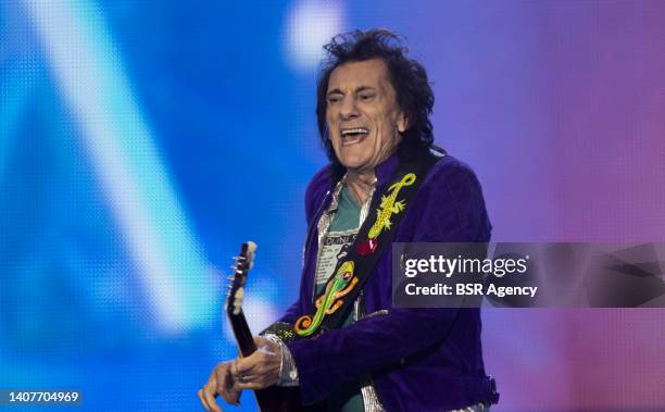 Ron Wood of the Rolling Stones performs live on stage during a concert of The Rolling Stones at the Johan Cruijff Arena on July 7, 2022 in Amsterdam,...