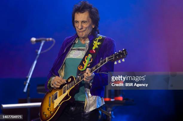 Ron Wood of the Rolling Stones performs live on stage during a concert of The Rolling Stones at the Johan Cruijff Arena on July 7, 2022 in Amsterdam,...