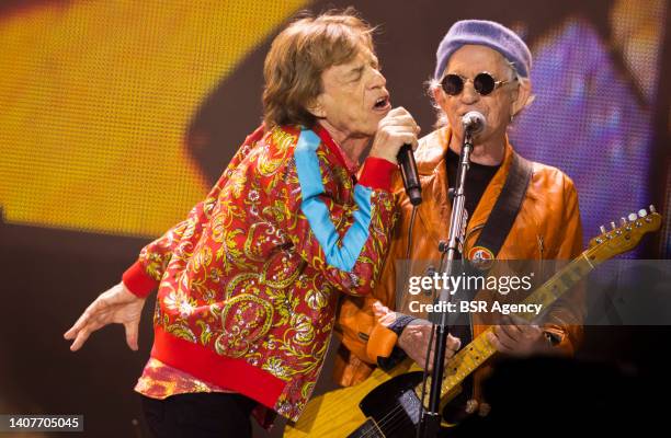 Mick Jagger and Keith Richards of the Rolling Stones perform live on stage during a concert of The Rolling Stones at the Johan Cruijff Arena on July...
