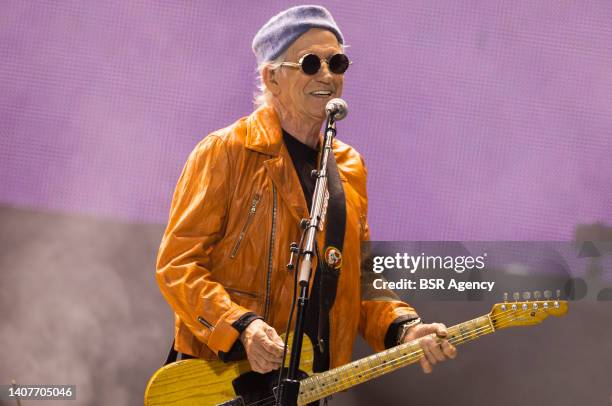 Keith Richards of the Rolling Stones performs live on stage during a concert of The Rolling Stones at the Johan Cruijff Arena on July 7, 2022 in...