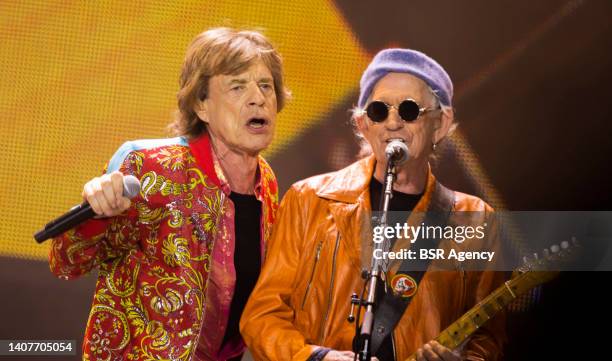 Mick Jagger and Keith Richards of the Rolling Stones perform live on stage during a concert of The Rolling Stones at the Johan Cruijff Arena on July...