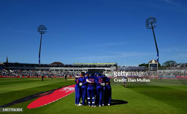 India huddle during the 2nd Vitality IT20 between England and India at Edgbaston on July 09, 2022 in Birmingham, England.
