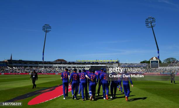 India take to the field during the 2nd Vitality IT20 between England and India at Edgbaston on July 09, 2022 in Birmingham, England.