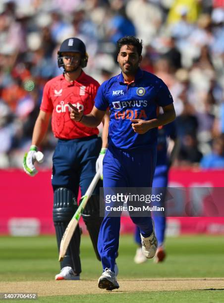 Bhuvneshwar Kumar of India celebrates taking the wicket of Jason Roy of England during the 2nd Vitality IT20 between England and India at Edgbaston...