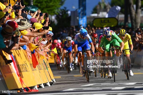 Michael Matthews of Australia and Team BikeExchange - Jayco, Wout Van Aert of Belgium and Team Jumbo - Visma - Green Points Jersey and Tadej Pogacar...