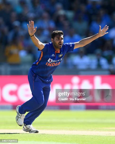 Bhuvneshwar Kumar of India appeals unsuccessfully during the 2nd Vitality IT20 between England and India at Edgbaston on July 09, 2022 in Birmingham,...