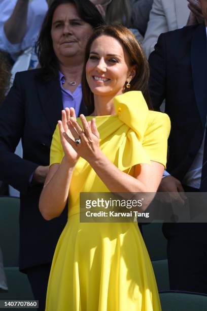 Catherine, Duchess of Cambridge at the Wimbledon Women's Singles Final at All England Lawn Tennis and Croquet Club on July 09, 2022 in London,...