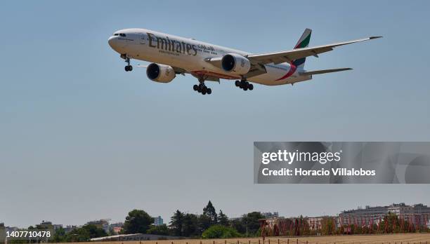 Emirates Boring 777-300 ER lands in Humberto Delgado International Airport ten years to the day of the company's first flight Dubai-Lisbon on July...