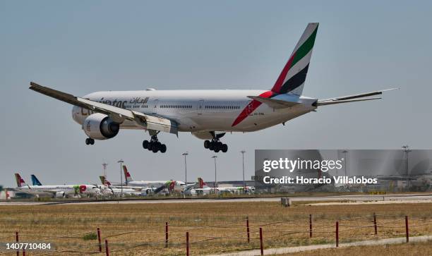 Emirates Boring 777-300 ER lands in Humberto Delgado International Airport ten years to the day of the company's first flight Dubai-Lisbon on July...