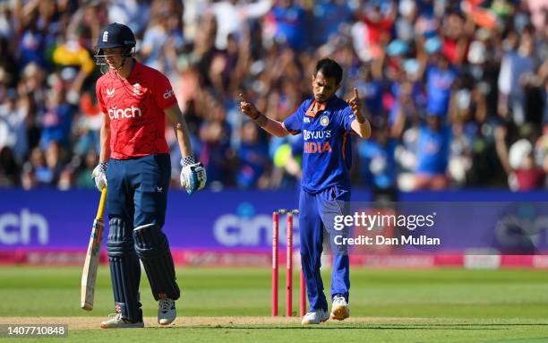 Yuzvendra Chahal of India celebrates taking the wicket of Harry Brook of England during the 2nd Vitality IT20 between England and India at Edgbaston...