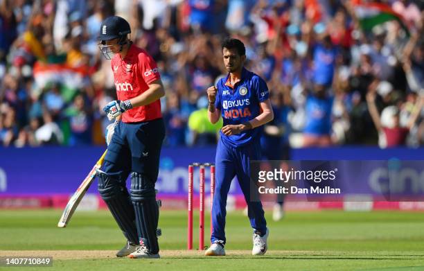 Yuzvendra Chahal of India celebrates taking the wicket of Harry Brook of England during the 2nd Vitality IT20 between England and India at Edgbaston...