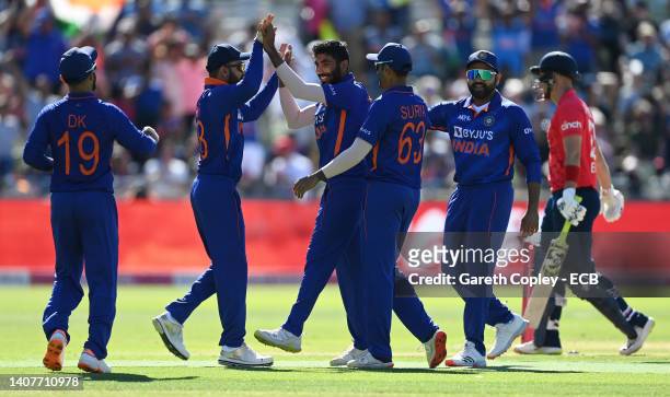 Jasprit Bumrah of India celebrates taking the wicket of Liam Livingstone of England during the 2nd Vitality IT20 between England and India at...