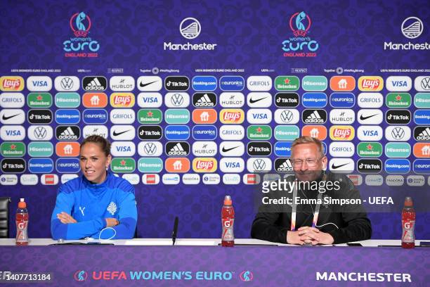 Sara Bjork Gunnarsdottirand Thorsteinn Halldorsson, Head Coach of Iceland speak to the media during the UEFA Women's Euro 2022 Iceland Press...