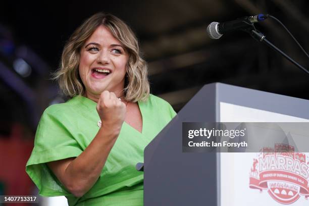 Jo Grady, General Secretary of the University and College Union speaks at Durham Miners’ Gala on July 09, 2022 in Durham, England. The 136th Durham...