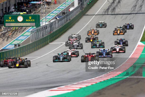 Max Verstappen of Red Bull Racing and The Netherlands leads away from the start during the F1 Grand Prix of Austria Sprint race at Red Bull Ring on...