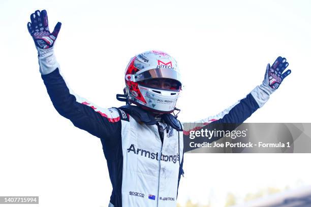 Race winner Marcus Armstrong of New Zealand and Hitech Grand Prix celebrates in parc ferme during the Round 8:Spielberg Sprint race of the Formula 2...