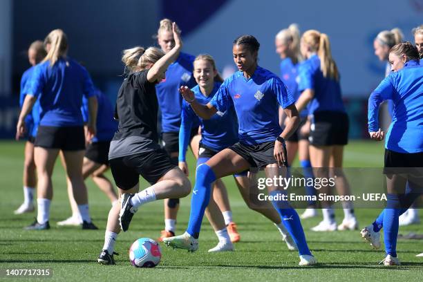 Sveindis Jonsdottir of Iceland warms up during the UEFA Women's Euro 2022 Iceland Training Session at Manchester City Academy Stadium on July 09,...