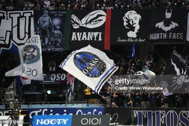 Fans Gamba Osaka cheer during the J.LEAGUE Meiji Yasuda J1 21st Sec. Match between Kawasaki Frontale and Gamba Osaka at Kawasaki Todoroki Stadium on...