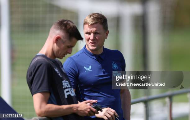 Newcastle United manager Eddie Howe looks on during the Pre-Season Friendly against Gateshead FC at Newcastle United Training Centre on July 09, 2022...